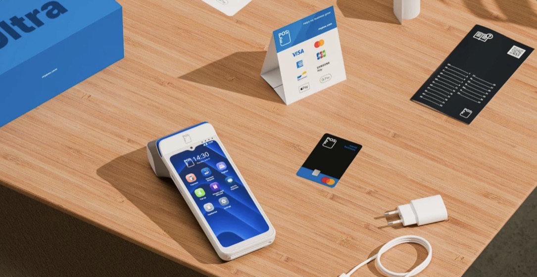 Close-up of the myPOS Ultra screen showing a contactless card payment being approved